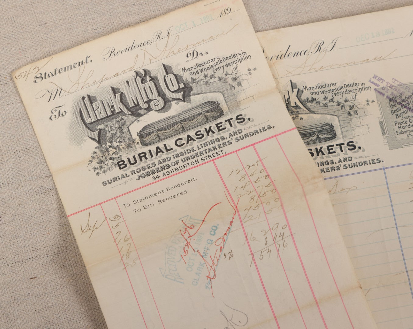 Lot 007 - Grouping Of Antique Funeral Ephemera Including Bills From Clark Mfg. Co. Burial Caskets And National Casket Company, 1890s-1910s