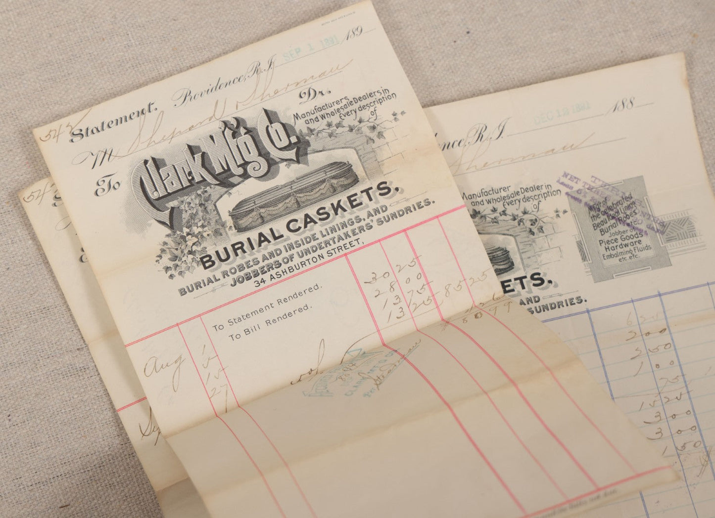 Lot 007 - Grouping Of Antique Funeral Ephemera Including Bills From Clark Mfg. Co. Burial Caskets And National Casket Company, 1890s-1910s