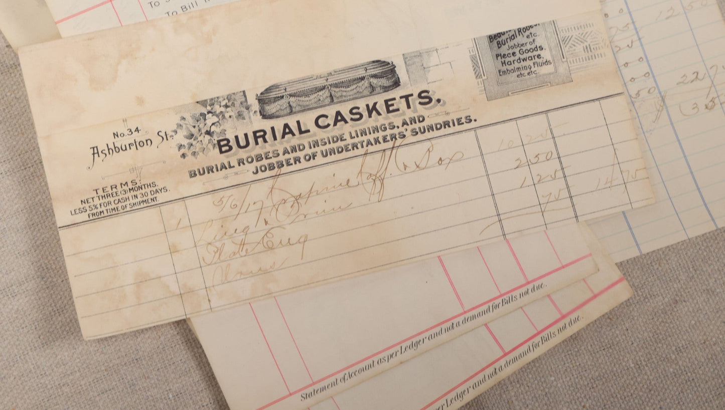 Lot 007 - Grouping Of Antique Funeral Ephemera Including Bills From Clark Mfg. Co. Burial Caskets And National Casket Company, 1890s-1910s