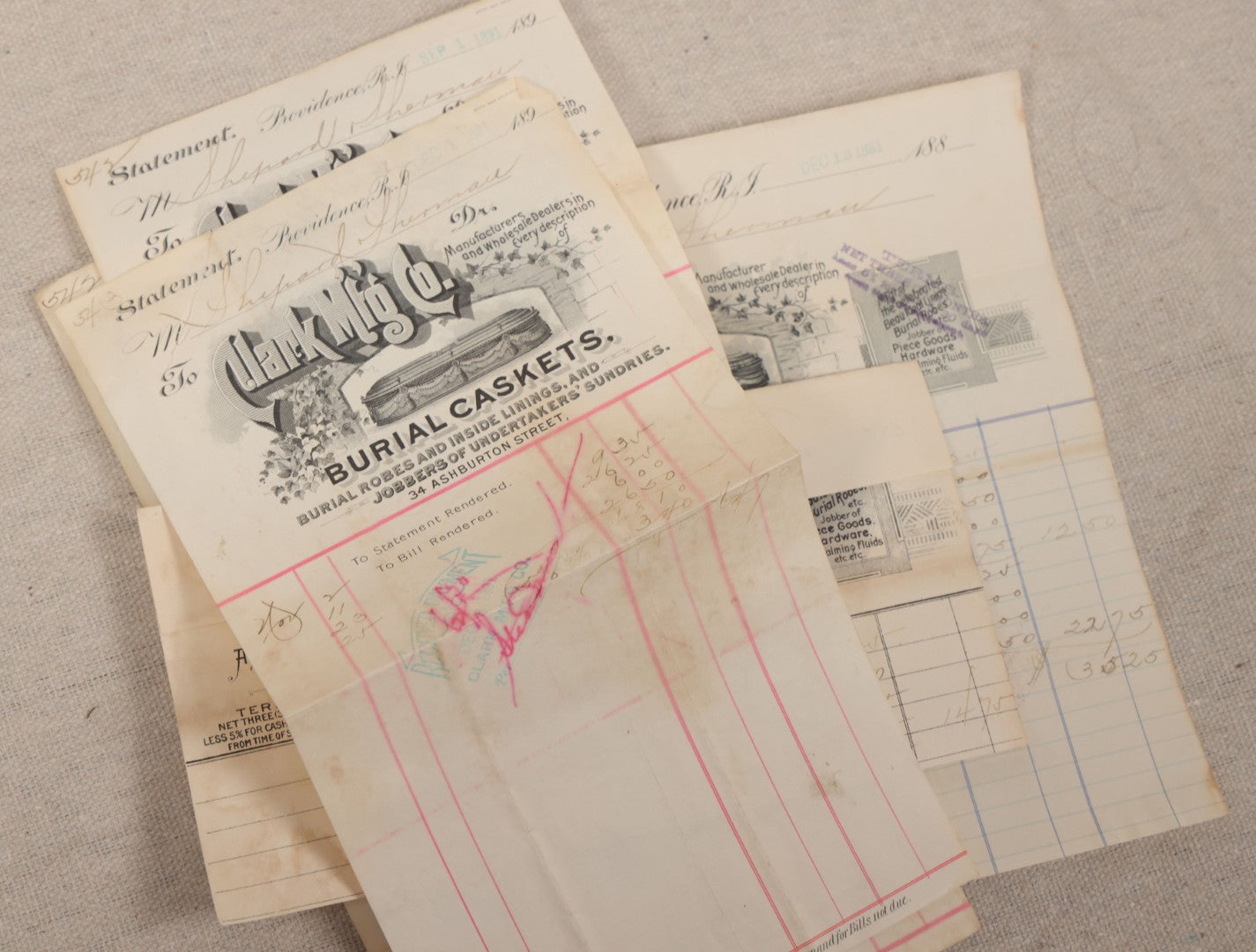 Lot 007 - Grouping Of Antique Funeral Ephemera Including Bills From Clark Mfg. Co. Burial Caskets And National Casket Company, 1890s-1910s