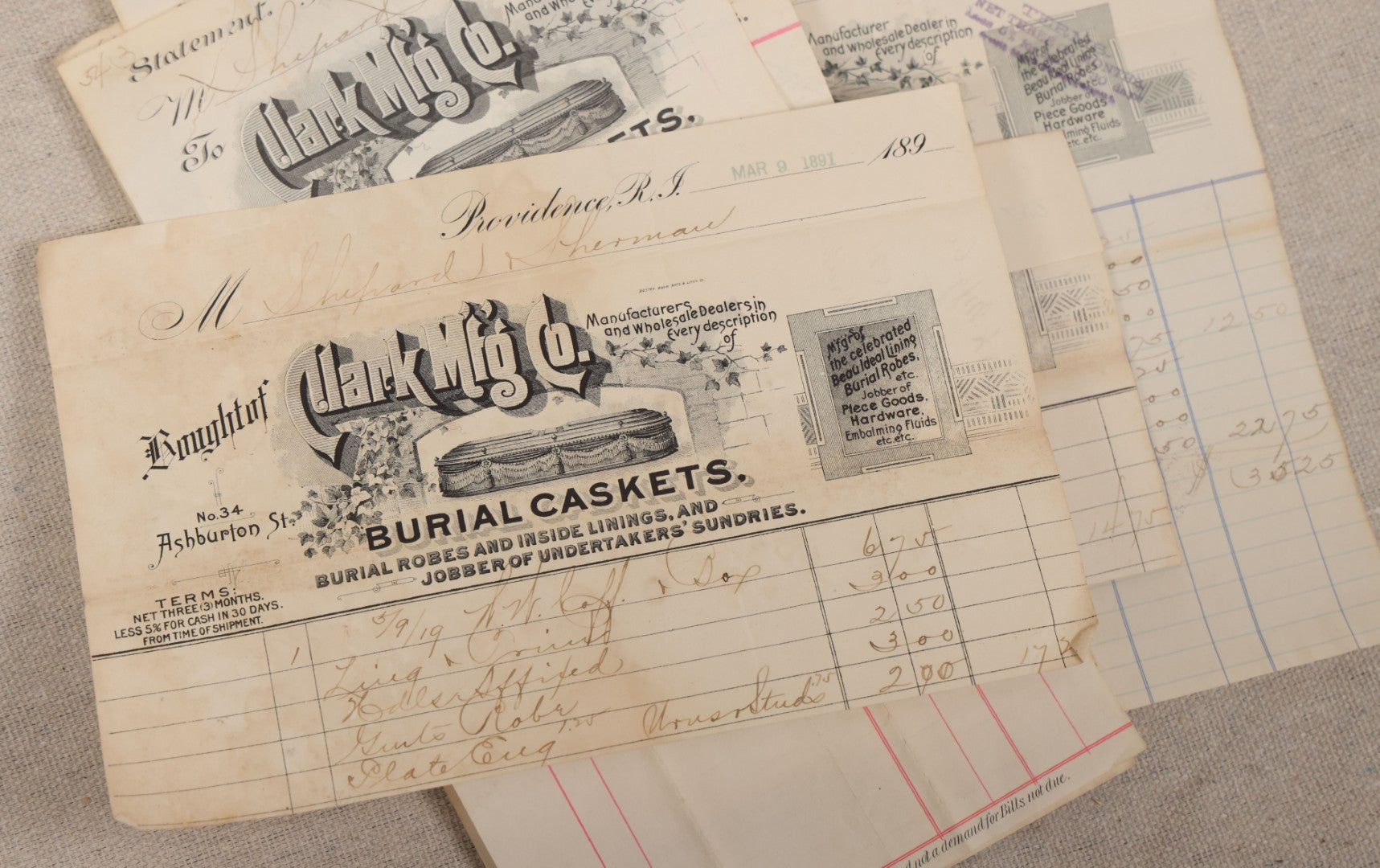 Lot 007 - Grouping Of Antique Funeral Ephemera Including Bills From Clark Mfg. Co. Burial Caskets And National Casket Company, 1890s-1910s