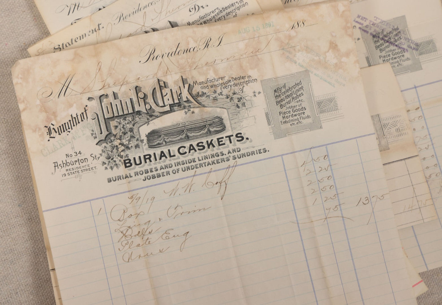 Lot 007 - Grouping Of Antique Funeral Ephemera Including Bills From Clark Mfg. Co. Burial Caskets And National Casket Company, 1890s-1910s