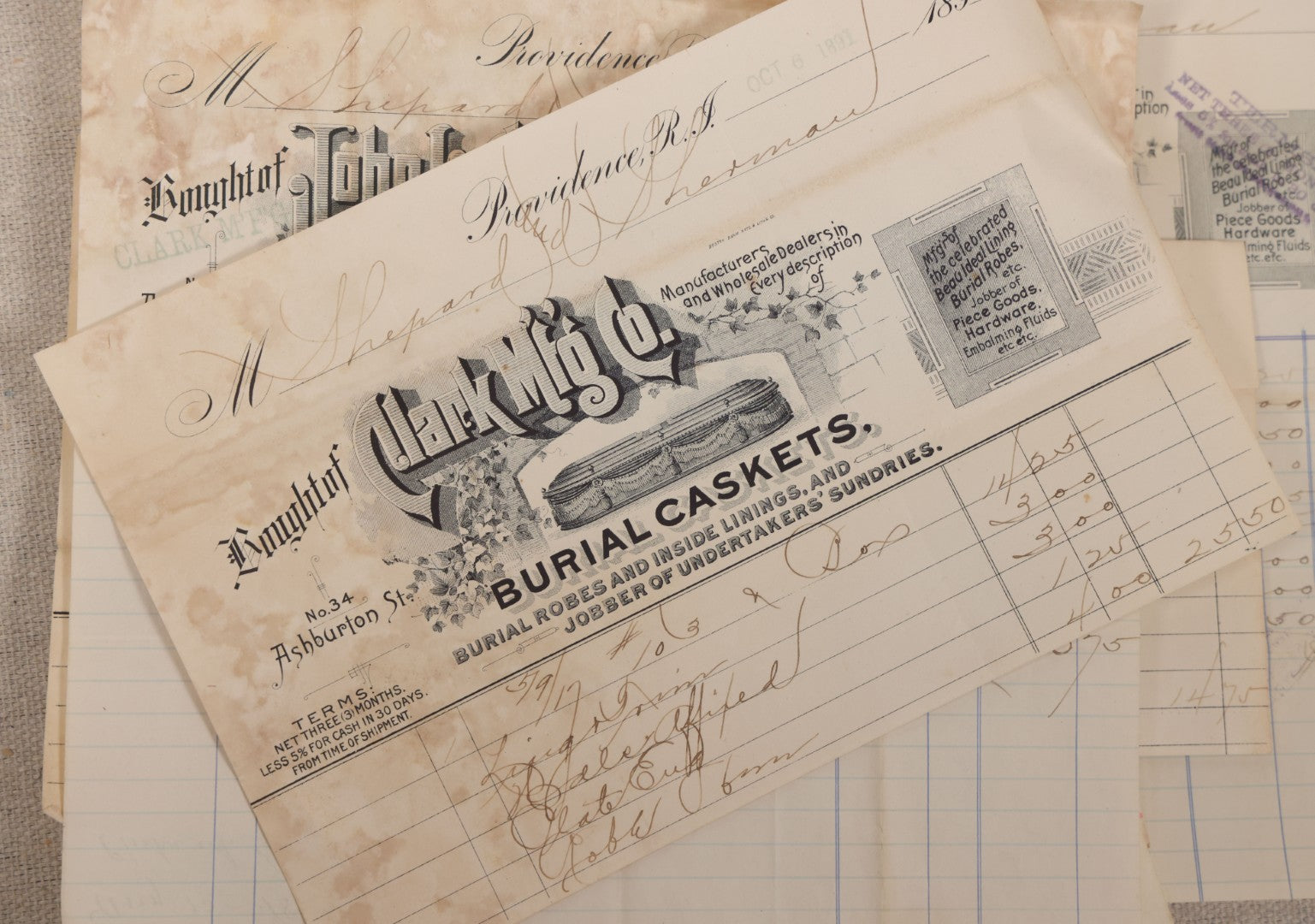 Lot 007 - Grouping Of Antique Funeral Ephemera Including Bills From Clark Mfg. Co. Burial Caskets And National Casket Company, 1890s-1910s