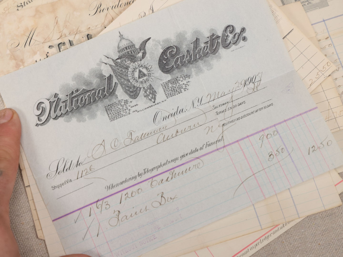 Lot 007 - Grouping Of Antique Funeral Ephemera Including Bills From Clark Mfg. Co. Burial Caskets And National Casket Company, 1890s-1910s