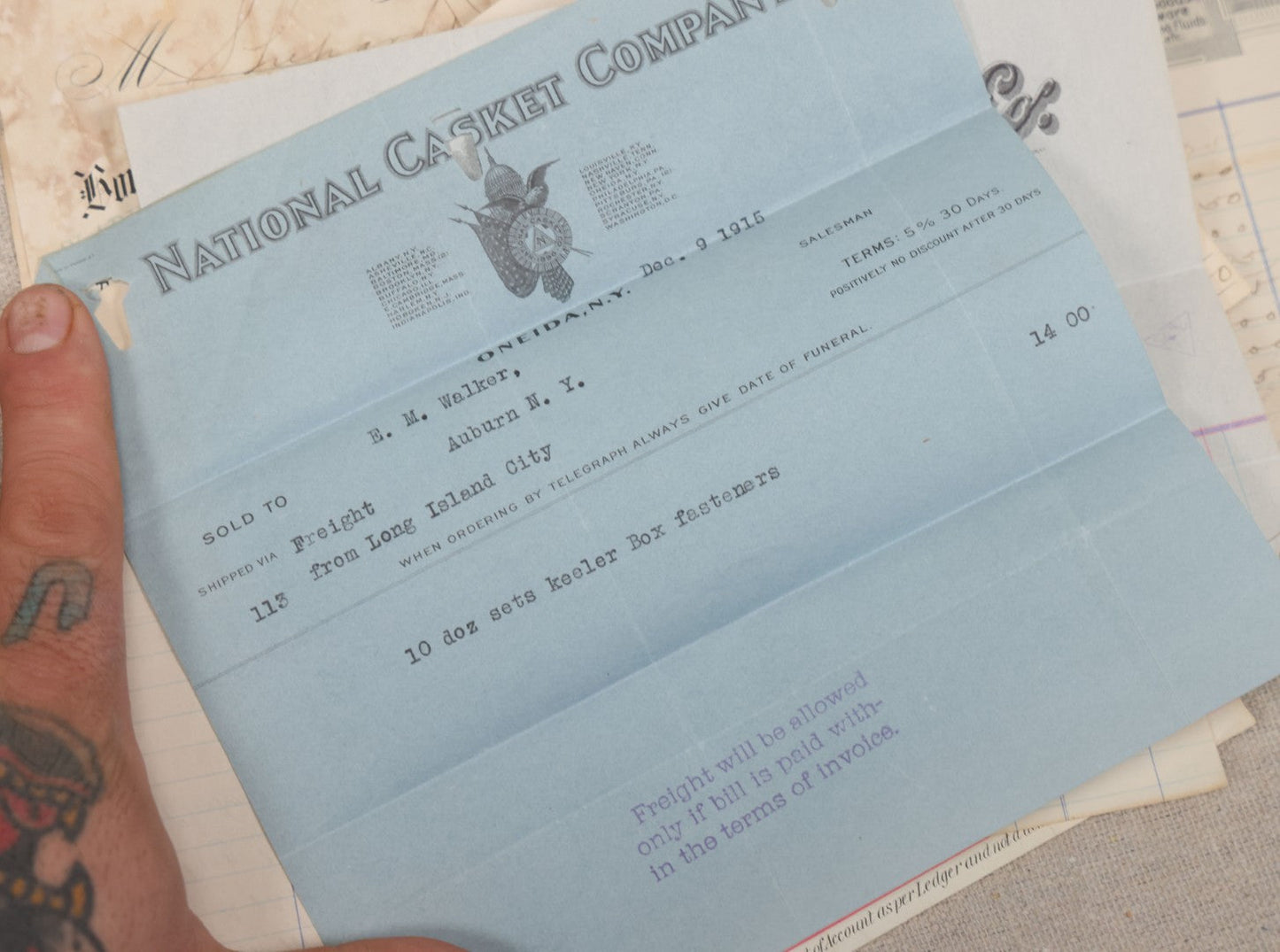 Lot 007 - Grouping Of Antique Funeral Ephemera Including Bills From Clark Mfg. Co. Burial Caskets And National Casket Company, 1890s-1910s