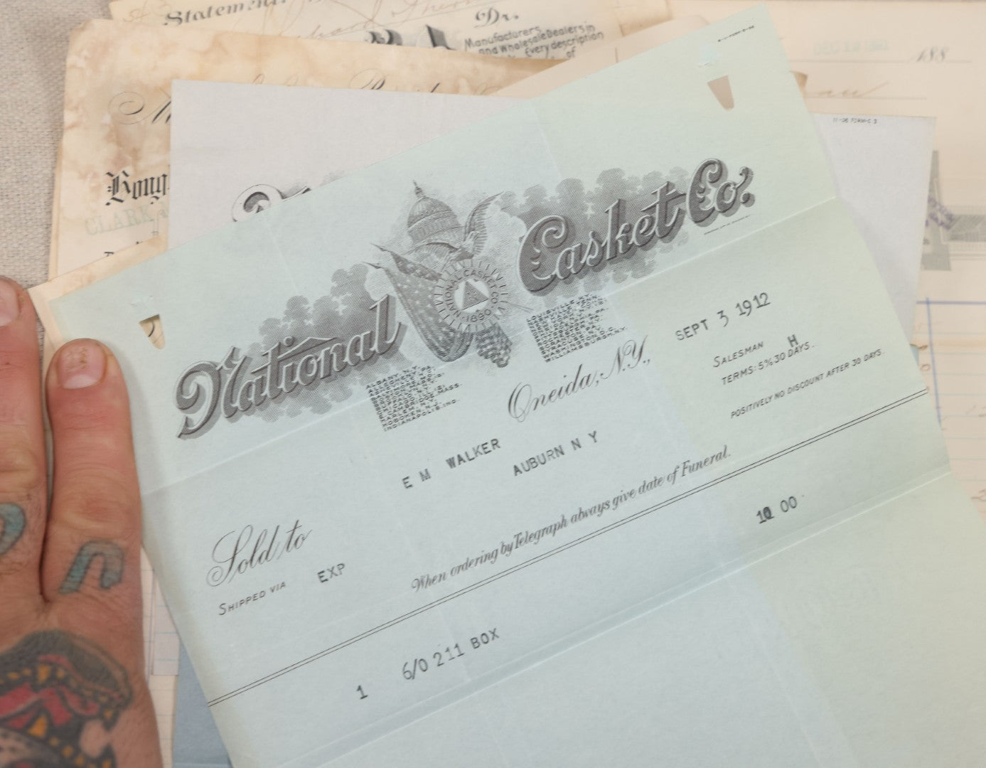 Lot 007 - Grouping Of Antique Funeral Ephemera Including Bills From Clark Mfg. Co. Burial Caskets And National Casket Company, 1890s-1910s