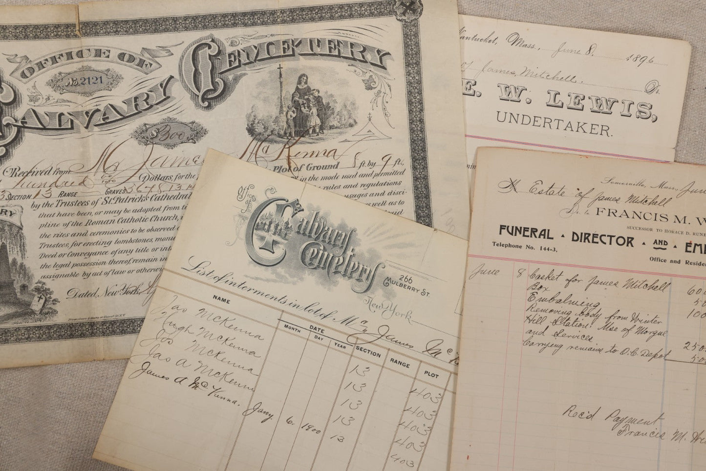 Lot 008 - Grouping Of Antique Funeral Ephemera Including Calvary Cemetery Certificate And Bill For Burial Of James McKenna, 1900, And Bills From Francis M. Wilson, Funeral Director, And E.W. Lewis, Undertaker, For Funeral Expenses Of James Mitchell, 1896