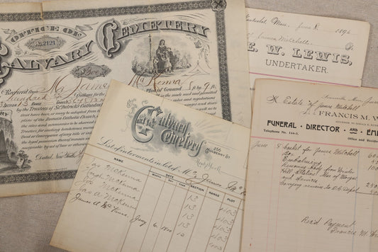 Lot 008 - Grouping Of Antique Funeral Ephemera Including Calvary Cemetery Certificate And Bill For Burial Of James McKenna, 1900, And Bills From Francis M. Wilson, Funeral Director, And E.W. Lewis, Undertaker, For Funeral Expenses Of James Mitchell, 1896