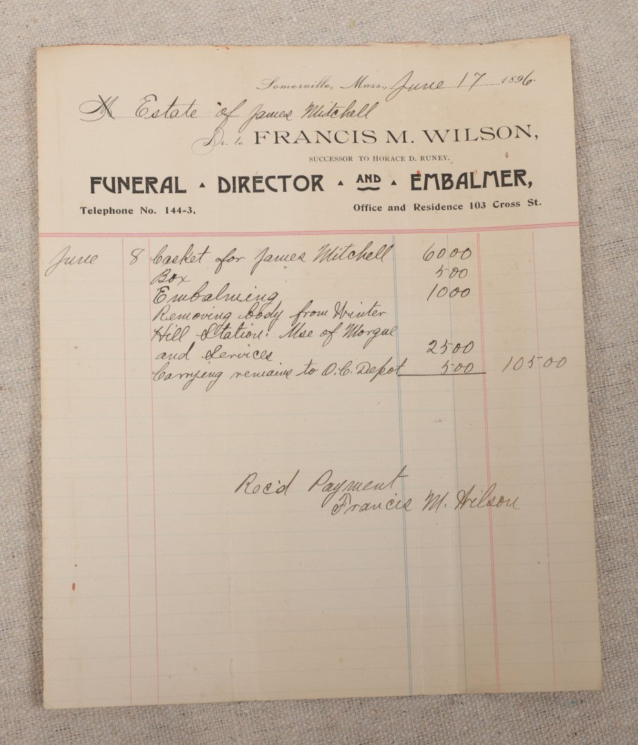 Lot 008 - Grouping Of Antique Funeral Ephemera Including Calvary Cemetery Certificate And Bill For Burial Of James McKenna, 1900, And Bills From Francis M. Wilson, Funeral Director, And E.W. Lewis, Undertaker, For Funeral Expenses Of James Mitchell, 1896