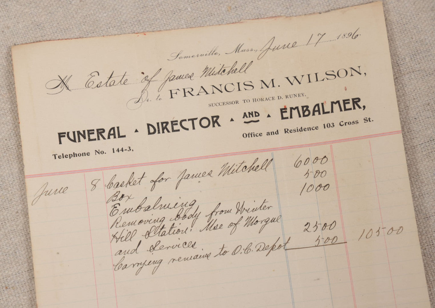 Lot 008 - Grouping Of Antique Funeral Ephemera Including Calvary Cemetery Certificate And Bill For Burial Of James McKenna, 1900, And Bills From Francis M. Wilson, Funeral Director, And E.W. Lewis, Undertaker, For Funeral Expenses Of James Mitchell, 1896