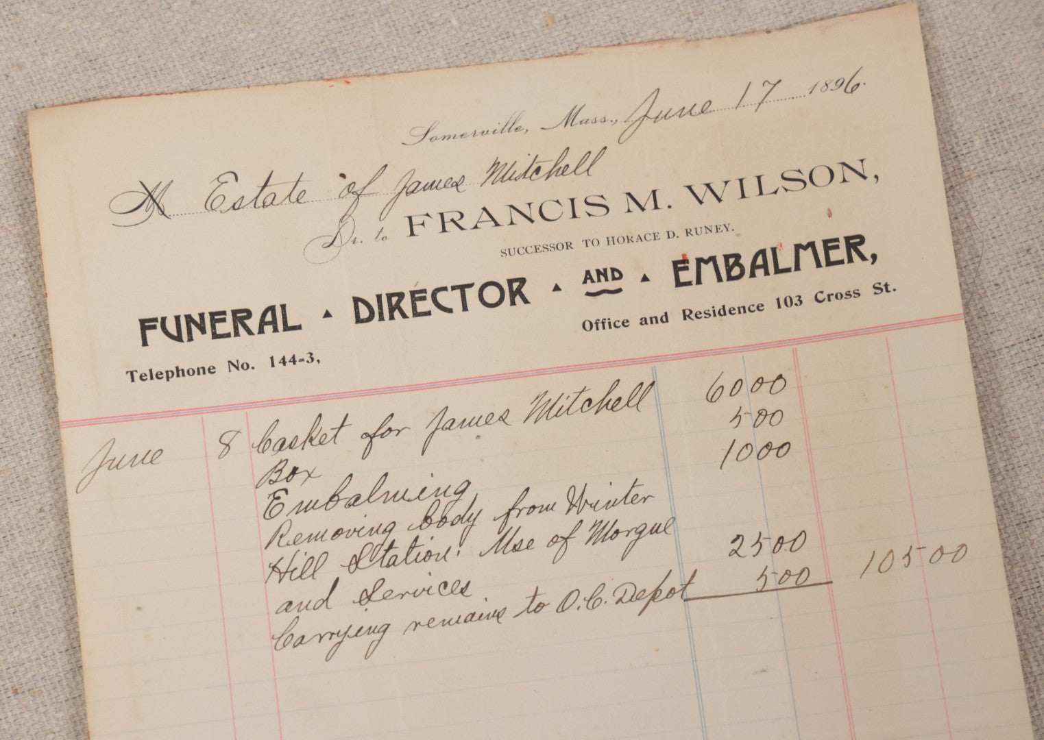 Lot 008 - Grouping Of Antique Funeral Ephemera Including Calvary Cemetery Certificate And Bill For Burial Of James McKenna, 1900, And Bills From Francis M. Wilson, Funeral Director, And E.W. Lewis, Undertaker, For Funeral Expenses Of James Mitchell, 1896