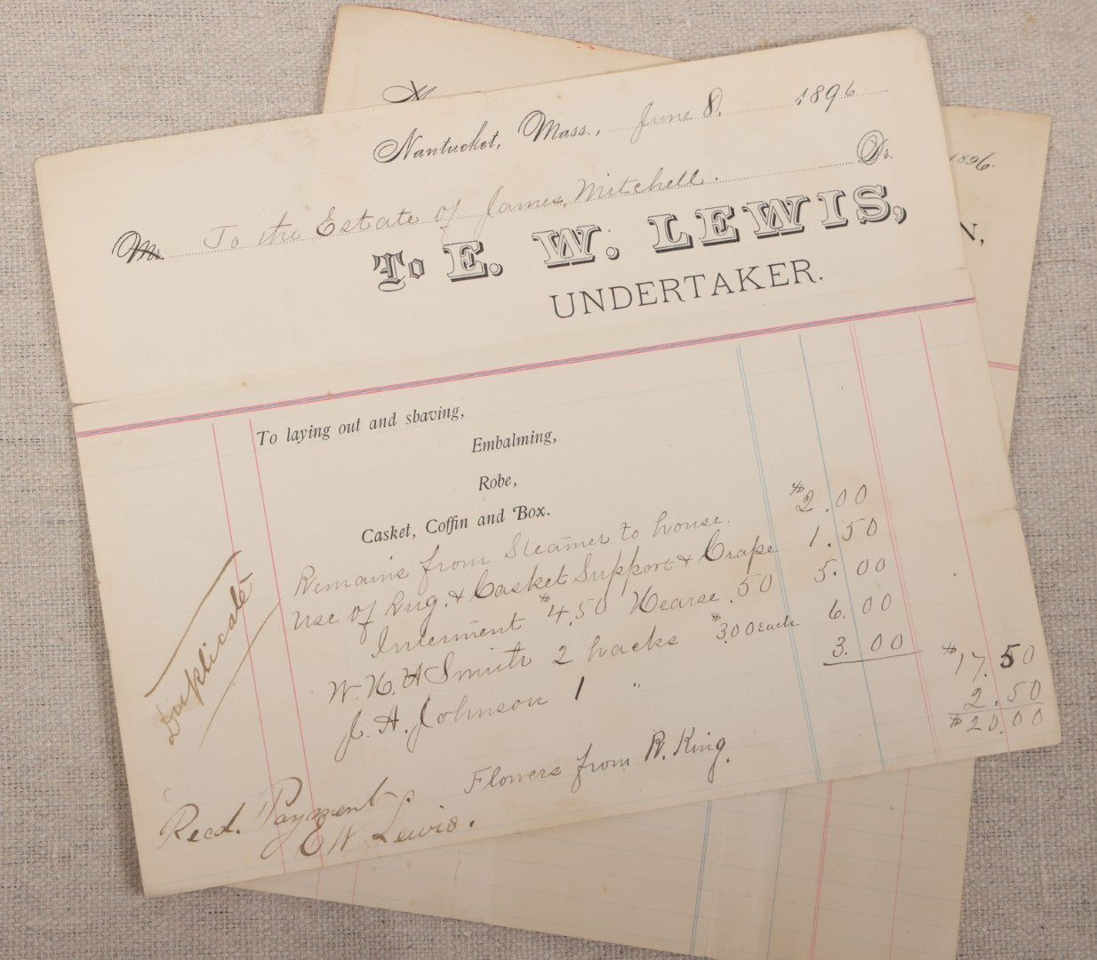 Lot 008 - Grouping Of Antique Funeral Ephemera Including Calvary Cemetery Certificate And Bill For Burial Of James McKenna, 1900, And Bills From Francis M. Wilson, Funeral Director, And E.W. Lewis, Undertaker, For Funeral Expenses Of James Mitchell, 1896