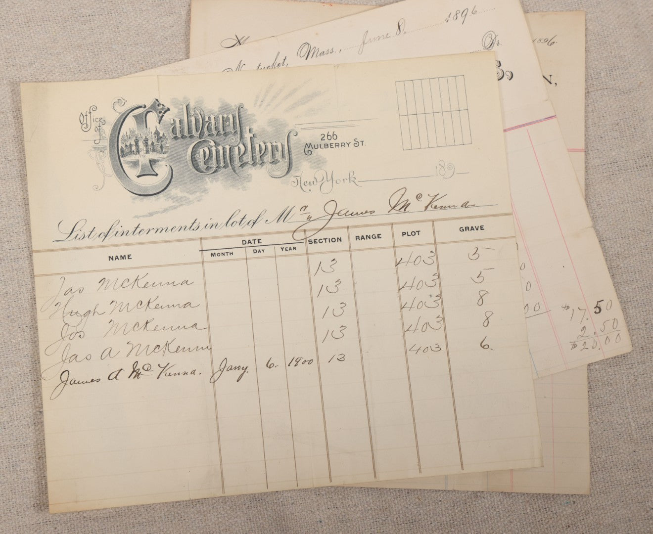 Lot 008 - Grouping Of Antique Funeral Ephemera Including Calvary Cemetery Certificate And Bill For Burial Of James McKenna, 1900, And Bills From Francis M. Wilson, Funeral Director, And E.W. Lewis, Undertaker, For Funeral Expenses Of James Mitchell, 1896