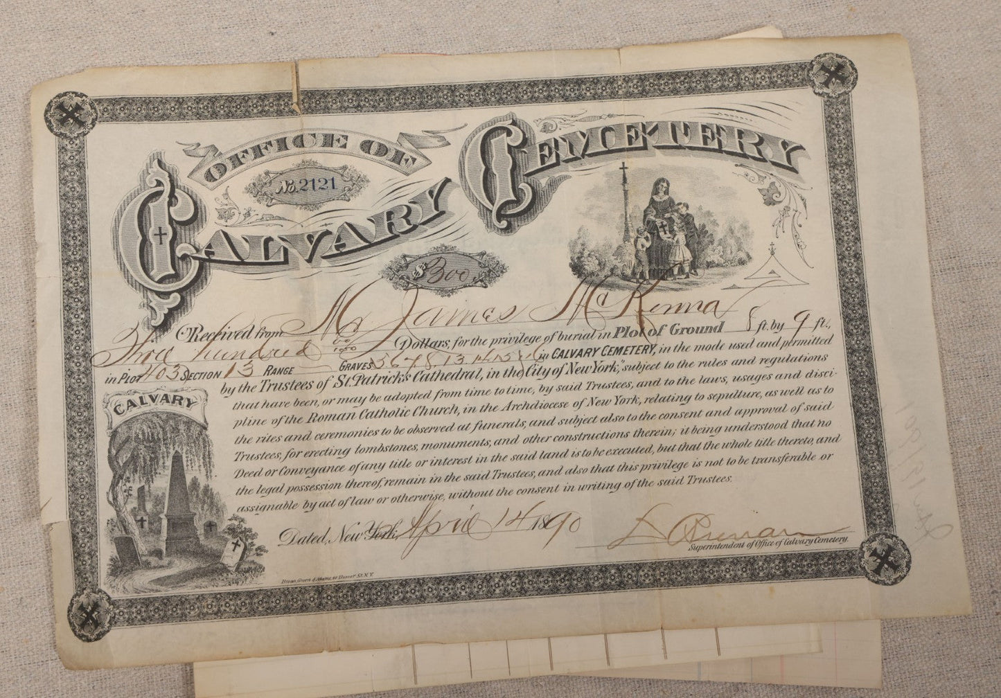 Lot 008 - Grouping Of Antique Funeral Ephemera Including Calvary Cemetery Certificate And Bill For Burial Of James McKenna, 1900, And Bills From Francis M. Wilson, Funeral Director, And E.W. Lewis, Undertaker, For Funeral Expenses Of James Mitchell, 1896