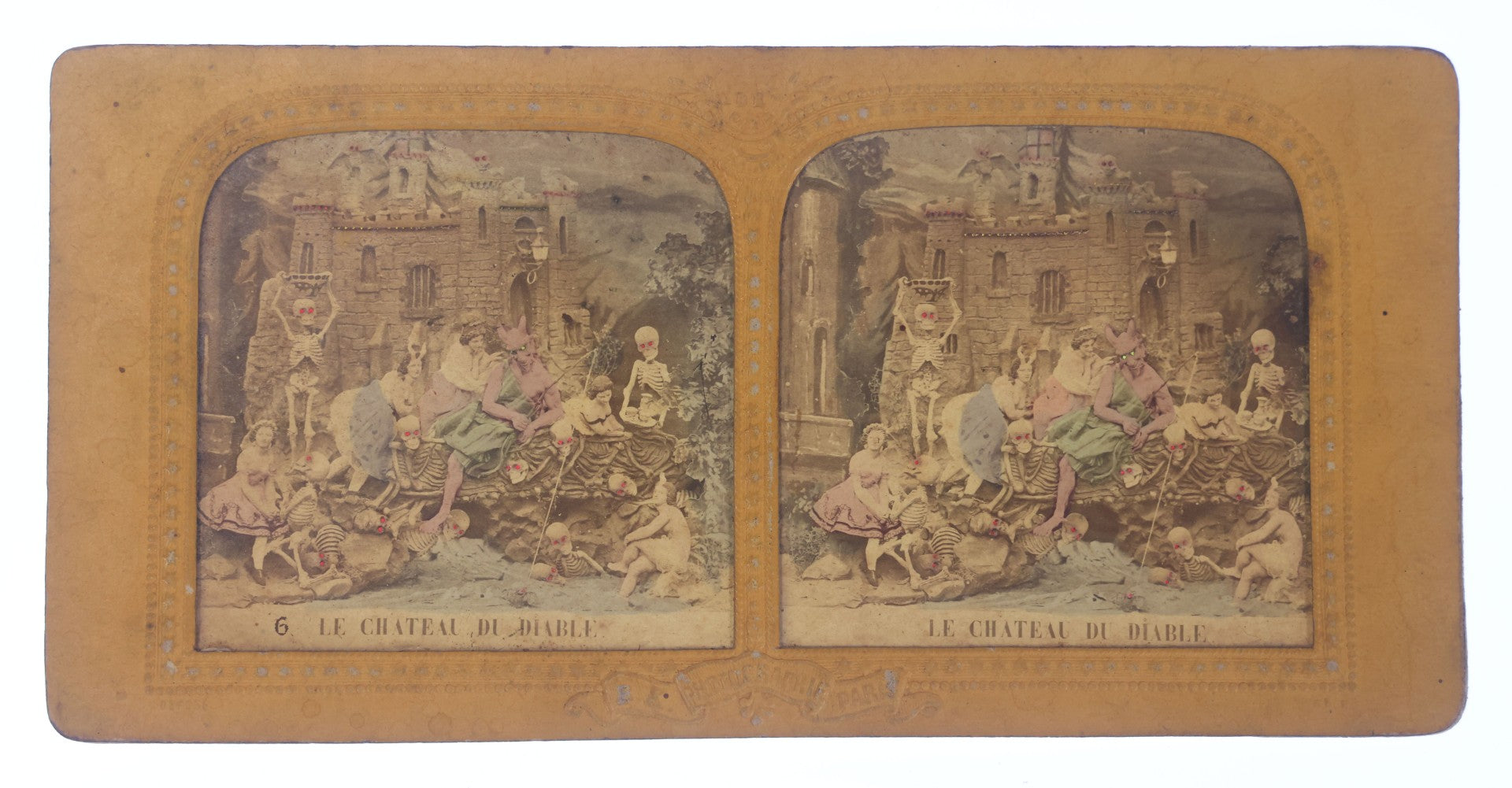 Lot 011 - Antique Hand-Colored French Diablerie Tissue Stereoview Card, "Le Chateau Du Diable" ("The Castle Of The Devil"), Devil With Women And Skeleton Figures, B.K. Photographie, Paris, France