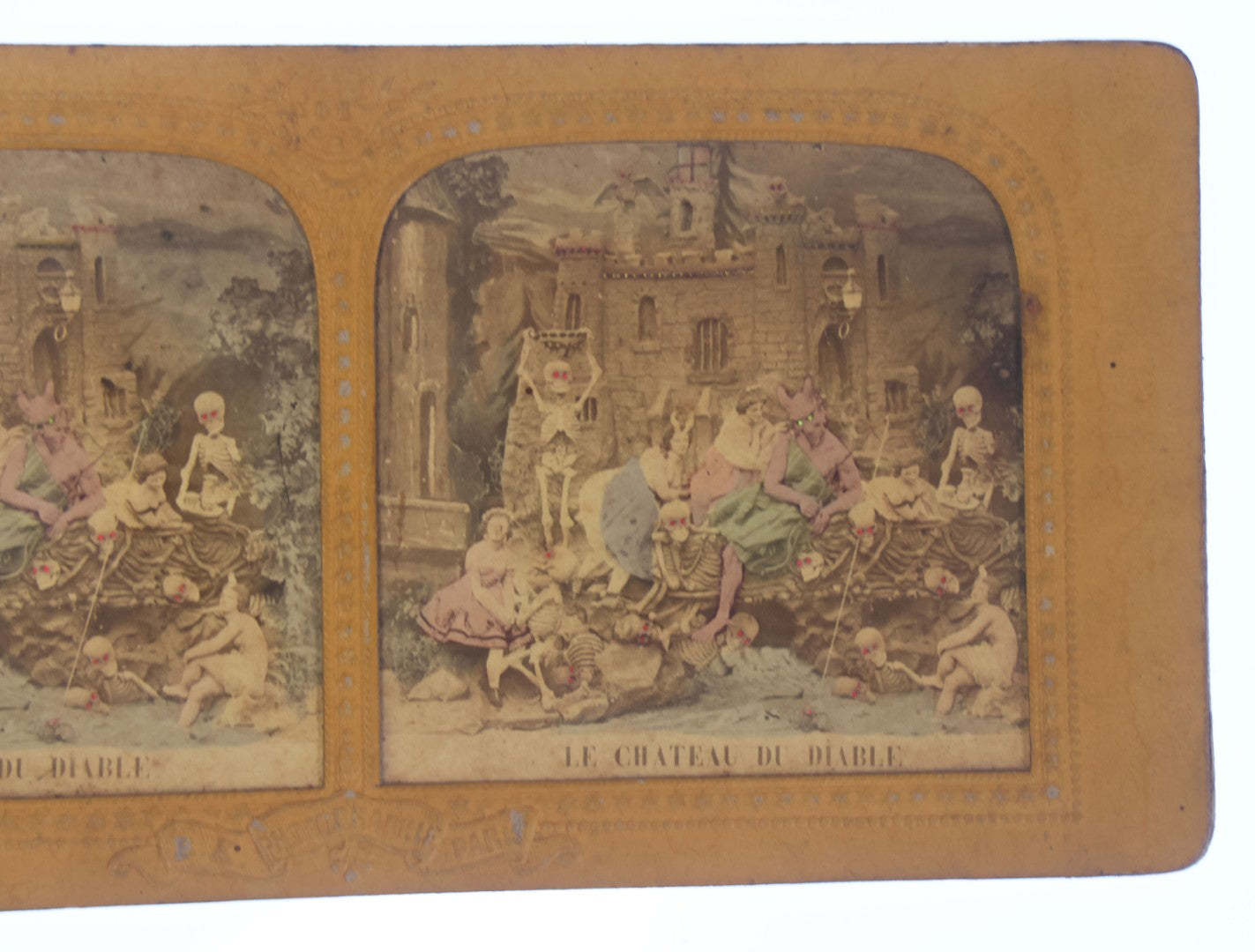 Lot 011 - Antique Hand-Colored French Diablerie Tissue Stereoview Card, "Le Chateau Du Diable" ("The Castle Of The Devil"), Devil With Women And Skeleton Figures, B.K. Photographie, Paris, France