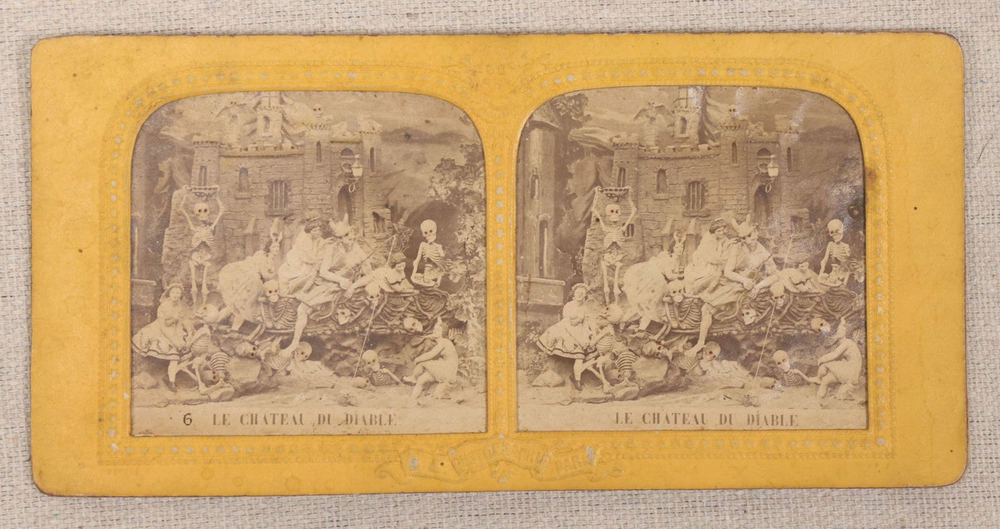 Lot 011 - Antique Hand-Colored French Diablerie Tissue Stereoview Card, "Le Chateau Du Diable" ("The Castle Of The Devil"), Devil With Women And Skeleton Figures, B.K. Photographie, Paris, France