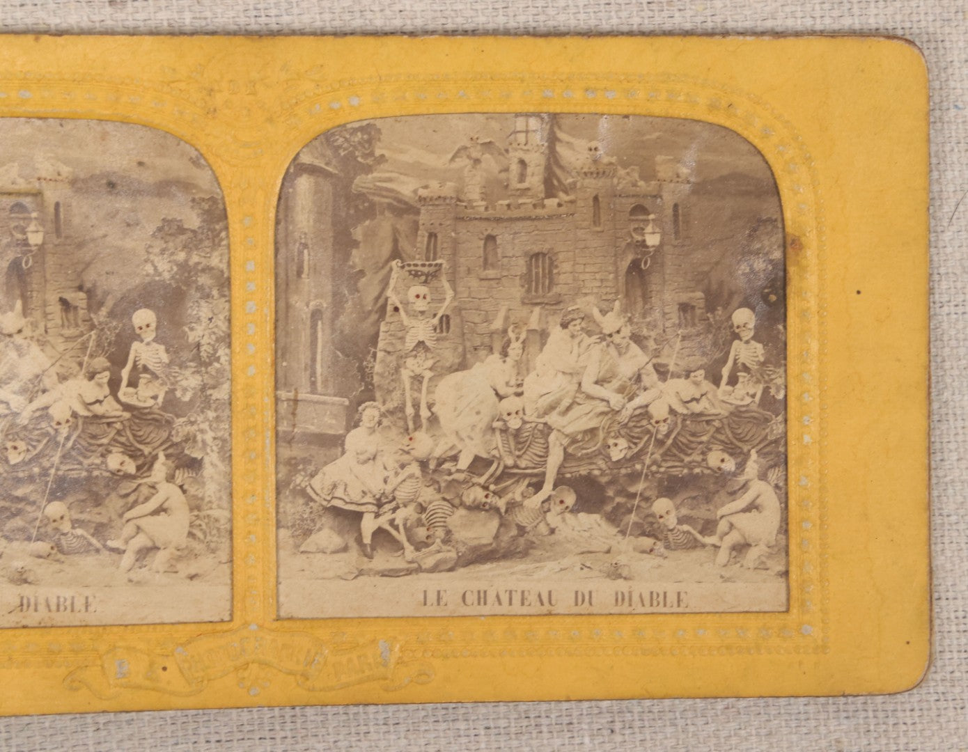 Lot 011 - Antique Hand-Colored French Diablerie Tissue Stereoview Card, "Le Chateau Du Diable" ("The Castle Of The Devil"), Devil With Women And Skeleton Figures, B.K. Photographie, Paris, France