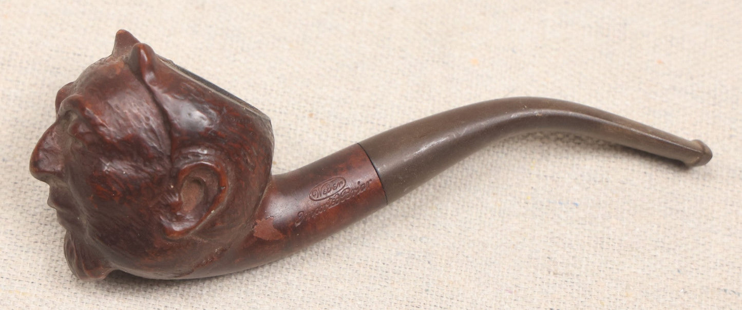Lot 012 - Vintage Hand-Carved Figural Devil Head Briar Pipe By Weber, Stamped "Imported Briar," With Stem