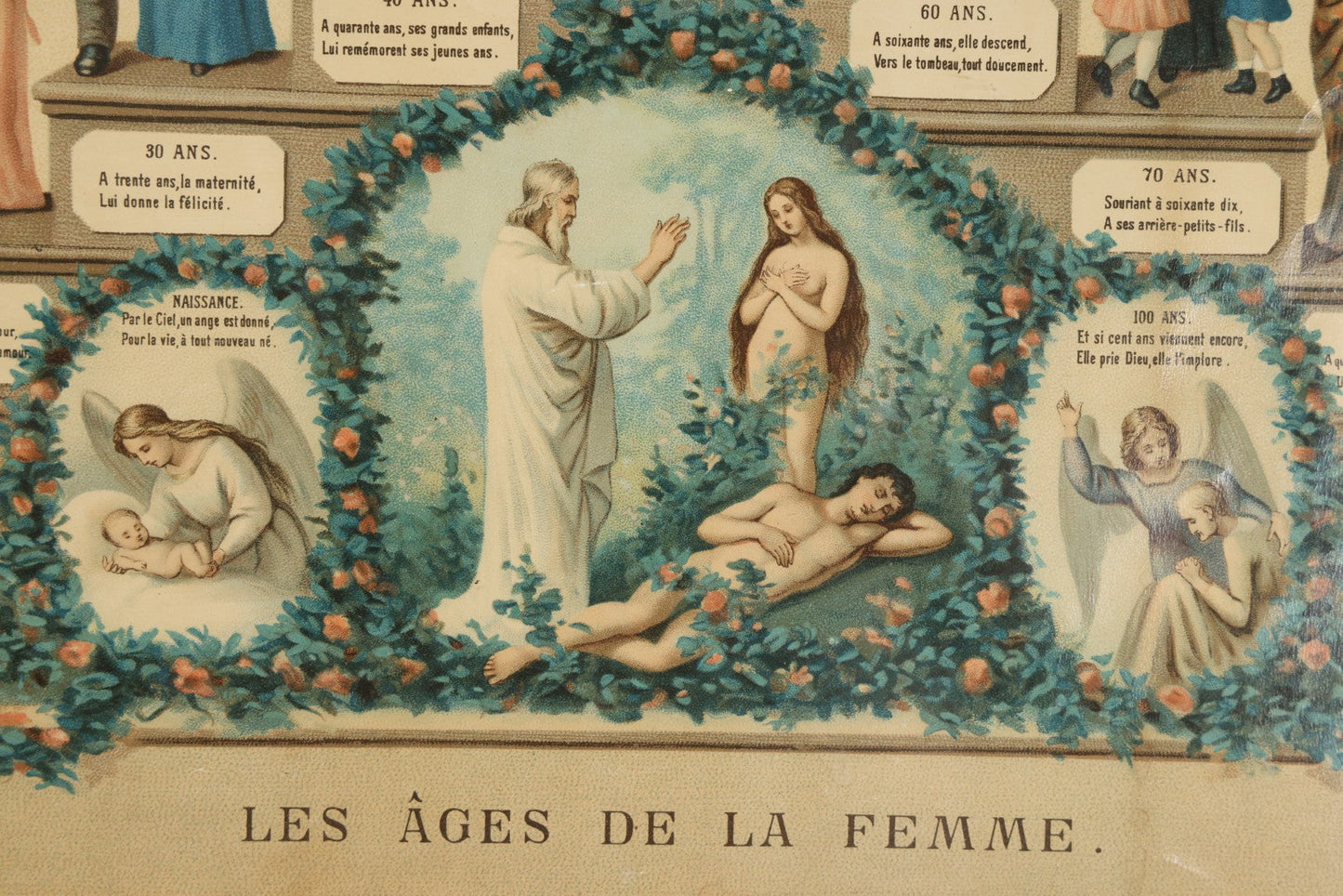 Lot 016 - Antique French Chromolithograph Print, "Les Ages De La Femme" ("The Ages Of Woman"), Stages Of Life From Birth To 100 Years, In Period Frame