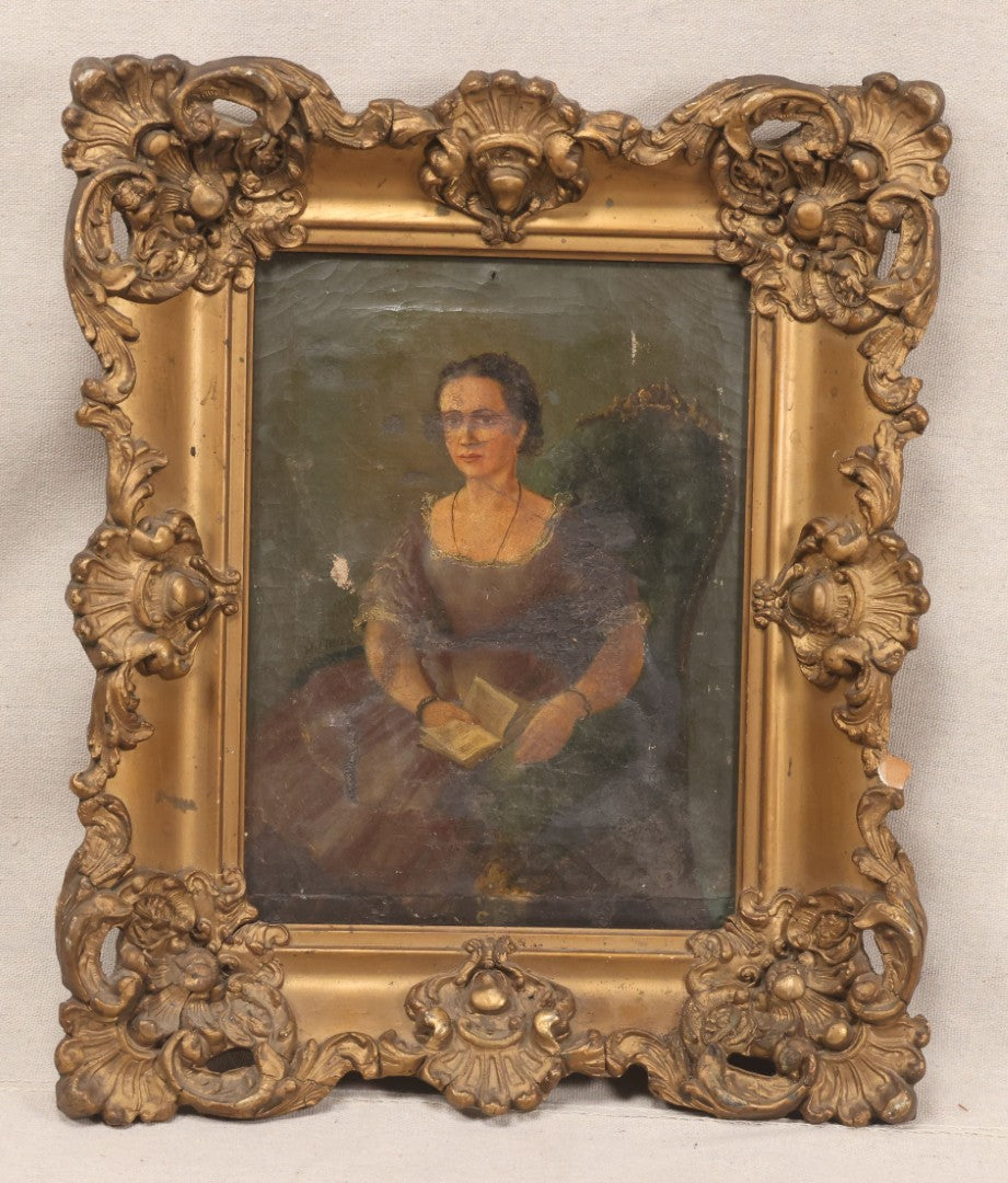 Lot 017 - Antique Oil Painting On Canvas, Portrait Of A Seated Woman With Book And Spectacles, Unsigned, In Gesso Frame