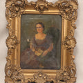 Lot 017 - Antique Oil Painting On Canvas, Portrait Of A Seated Woman With Book And Spectacles, Unsigned, In Gesso Frame, 14-3/4" x 17-5/8"