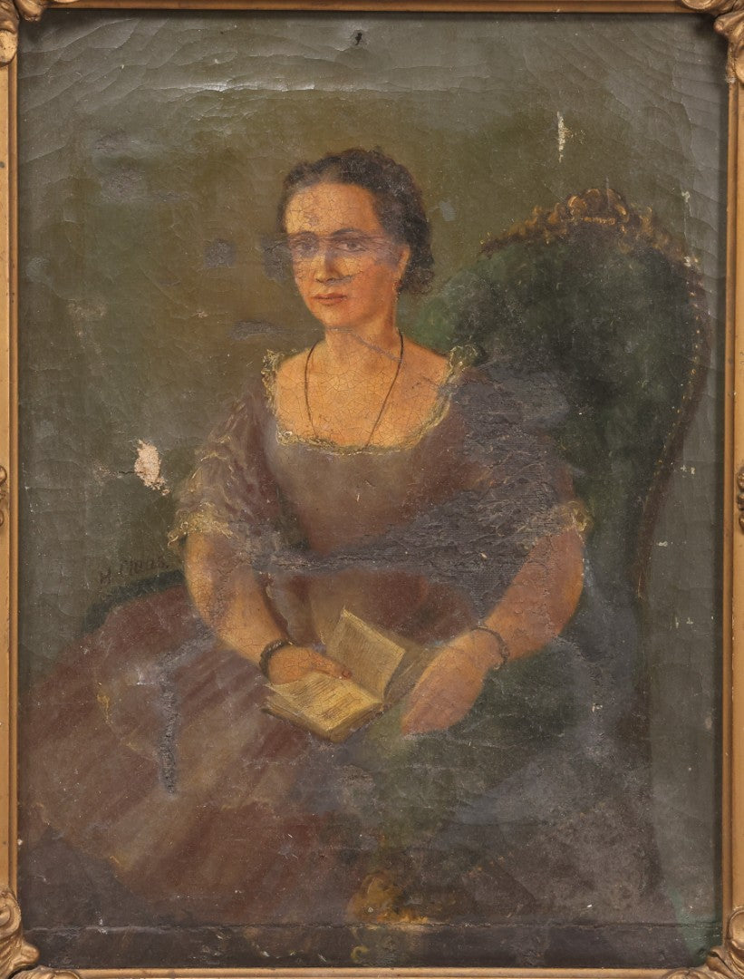 Lot 017 - Antique Oil Painting On Canvas, Portrait Of A Seated Woman With Book And Spectacles, Unsigned, In Gesso Frame