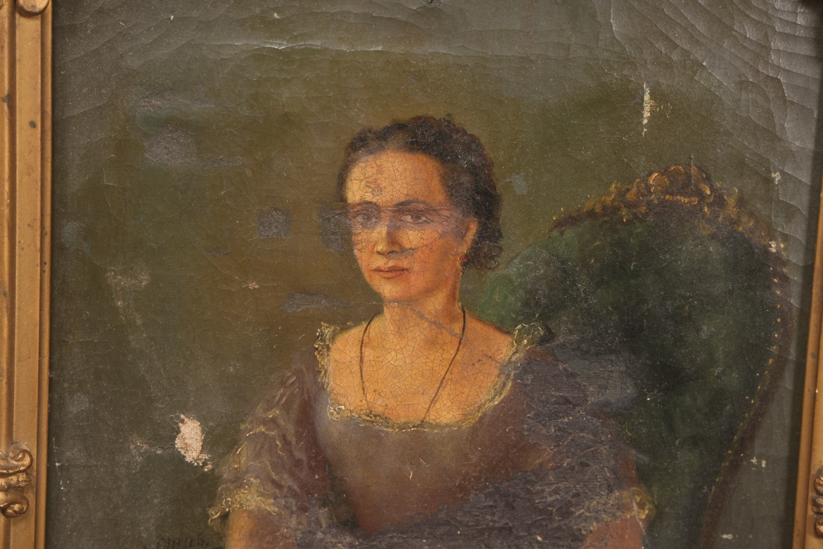 Lot 017 - Antique Oil Painting On Canvas, Portrait Of A Seated Woman With Book And Spectacles, Unsigned, In Gesso Frame