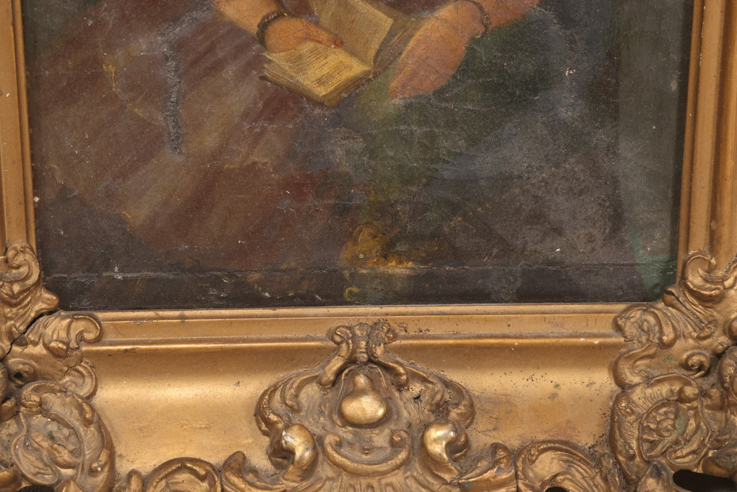 Lot 017 - Antique Oil Painting On Canvas, Portrait Of A Seated Woman With Book And Spectacles, Unsigned, In Gesso Frame
