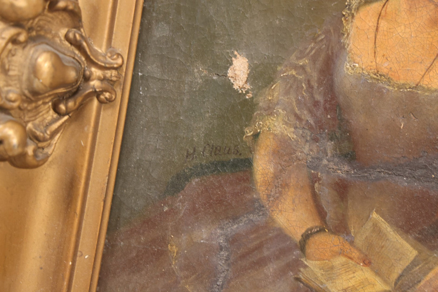 Lot 017 - Antique Oil Painting On Canvas, Portrait Of A Seated Woman With Book And Spectacles, Unsigned, In Gesso Frame