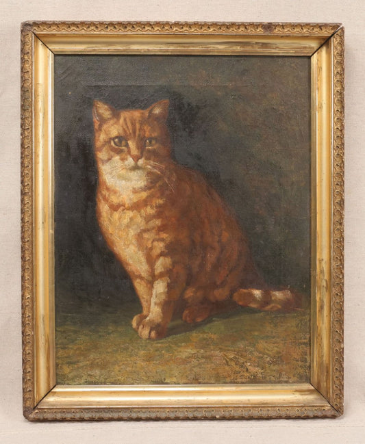 Lot 018 - Vintage Oil Painting On Canvas, Portrait Painting Of A Ginger Tabby Cat, Unsigned, In Gilt Frame