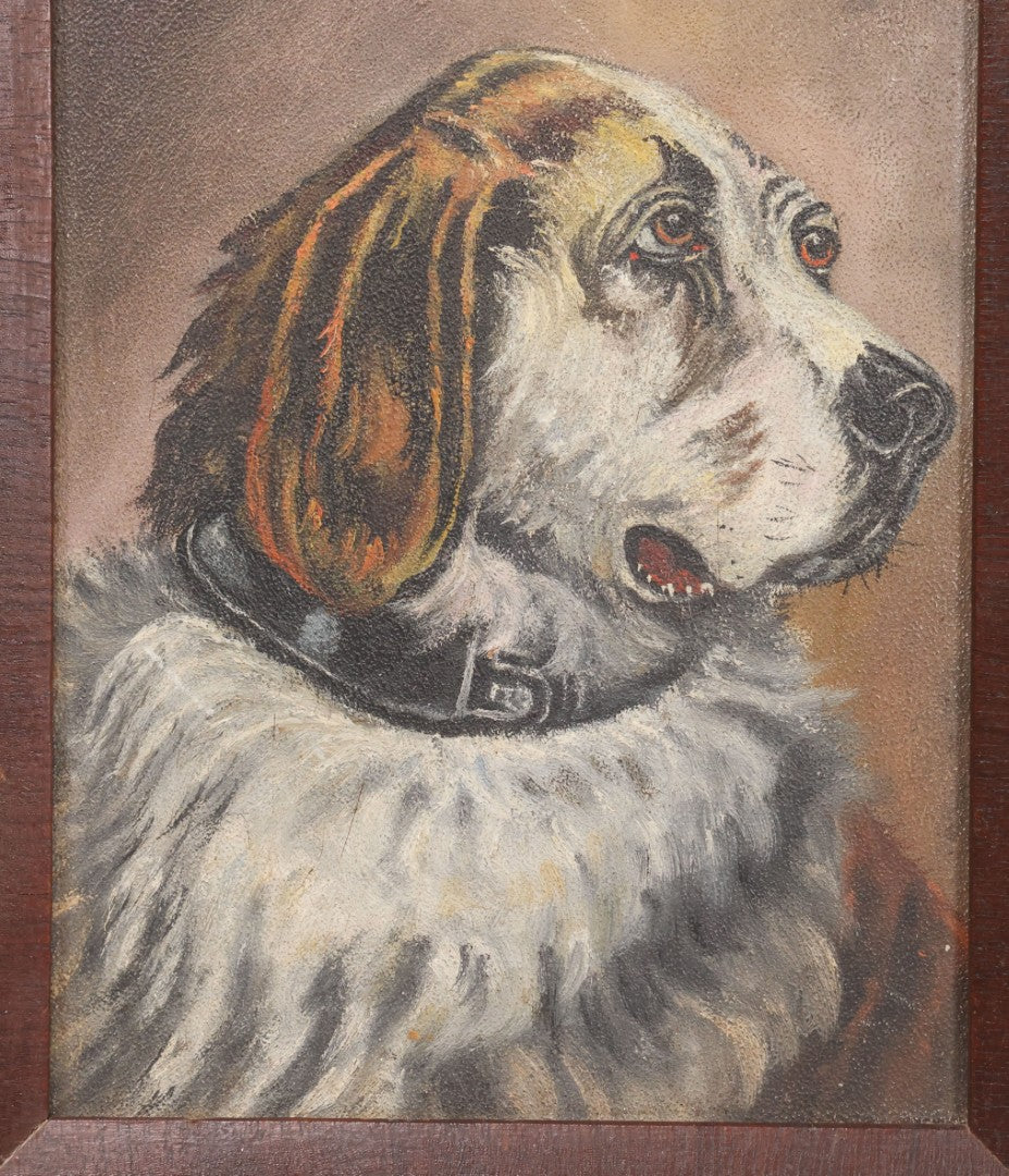 Lot 019 - Vintage Oil Painting On Board, Portrait Of A Saint Bernard After Sir Edwin Henry Landseer (English, 1802-1873), In Wood Frame