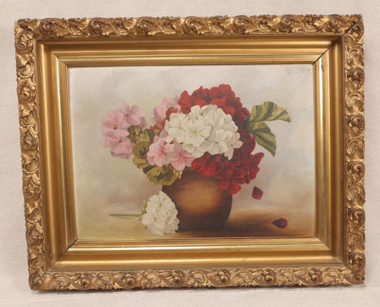 Lot 020 - Antique Oil On Board Floral Still Life Painting Of Geraniums In A Brown Vase, In Gilt Frame