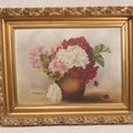 Lot 020 - Antique Oil On Board Floral Still Life Painting Of Geraniums In A Brown Vase, In Gilt Frame, 20" x 15-3/4"