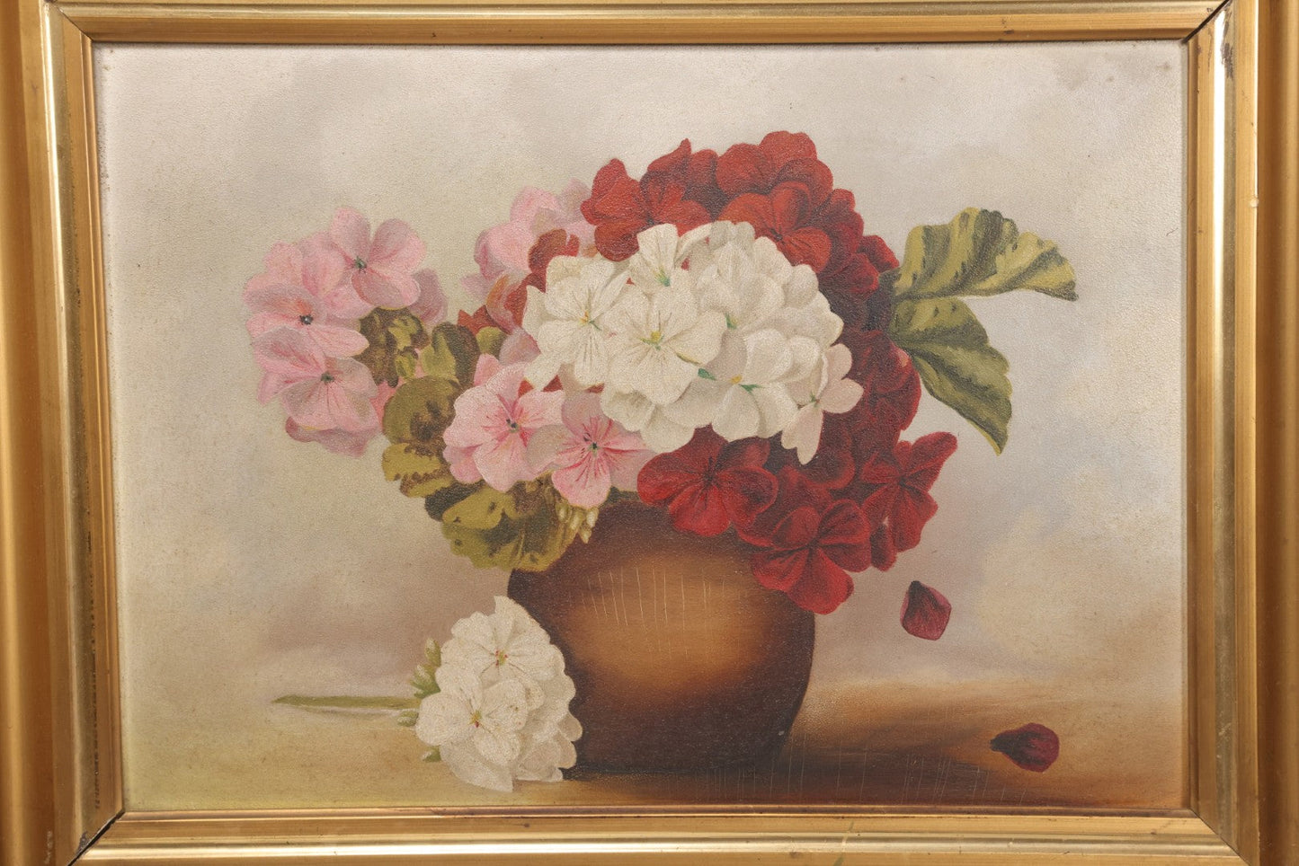 Lot 020 - Antique Oil On Board Floral Still Life Painting Of Geraniums In A Brown Vase, In Gilt Frame