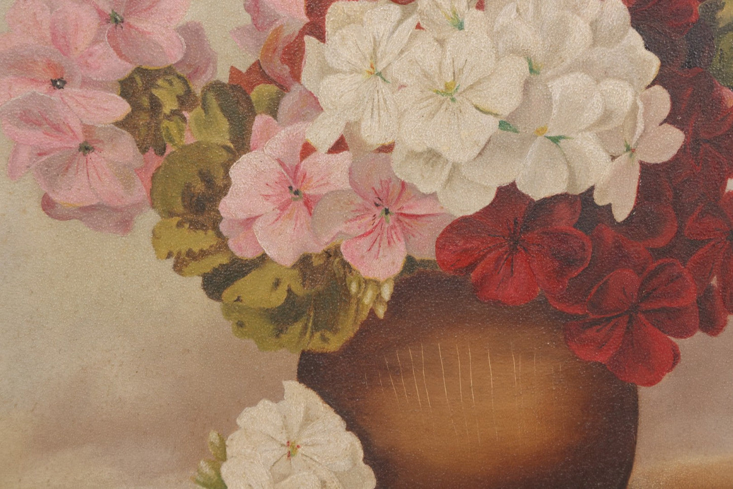 Lot 020 - Antique Oil On Board Floral Still Life Painting Of Geraniums In A Brown Vase, In Gilt Frame