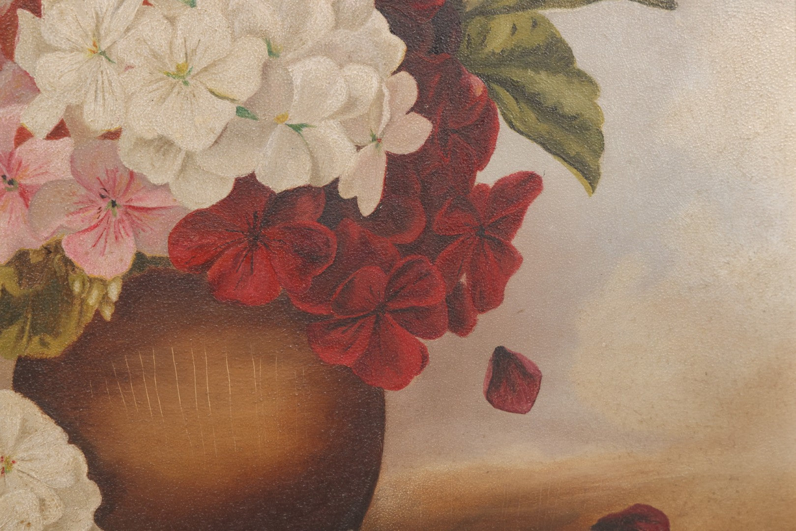 Lot 020 - Antique Oil On Board Floral Still Life Painting Of Geraniums In A Brown Vase, In Gilt Frame