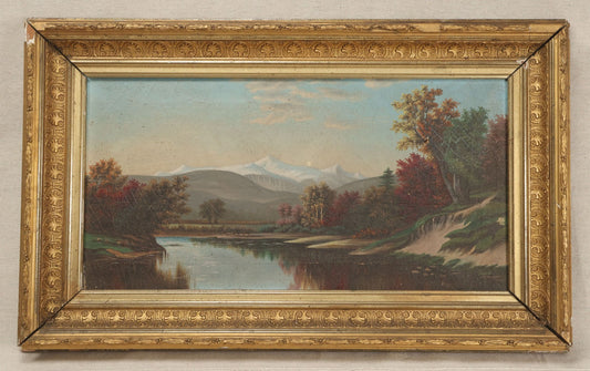 Lot 021 - Antique Oil Painting On Canvas, Mount Washington From The Saco River, White Mountains, New Hampshire, Hudson River School Autumn Landscape With Snow-Capped Presidential Range