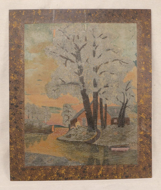 Lot 022 - Antique Oil Painting On Wood Panel, Landscape With Trees And Home At Sunset, Unframed