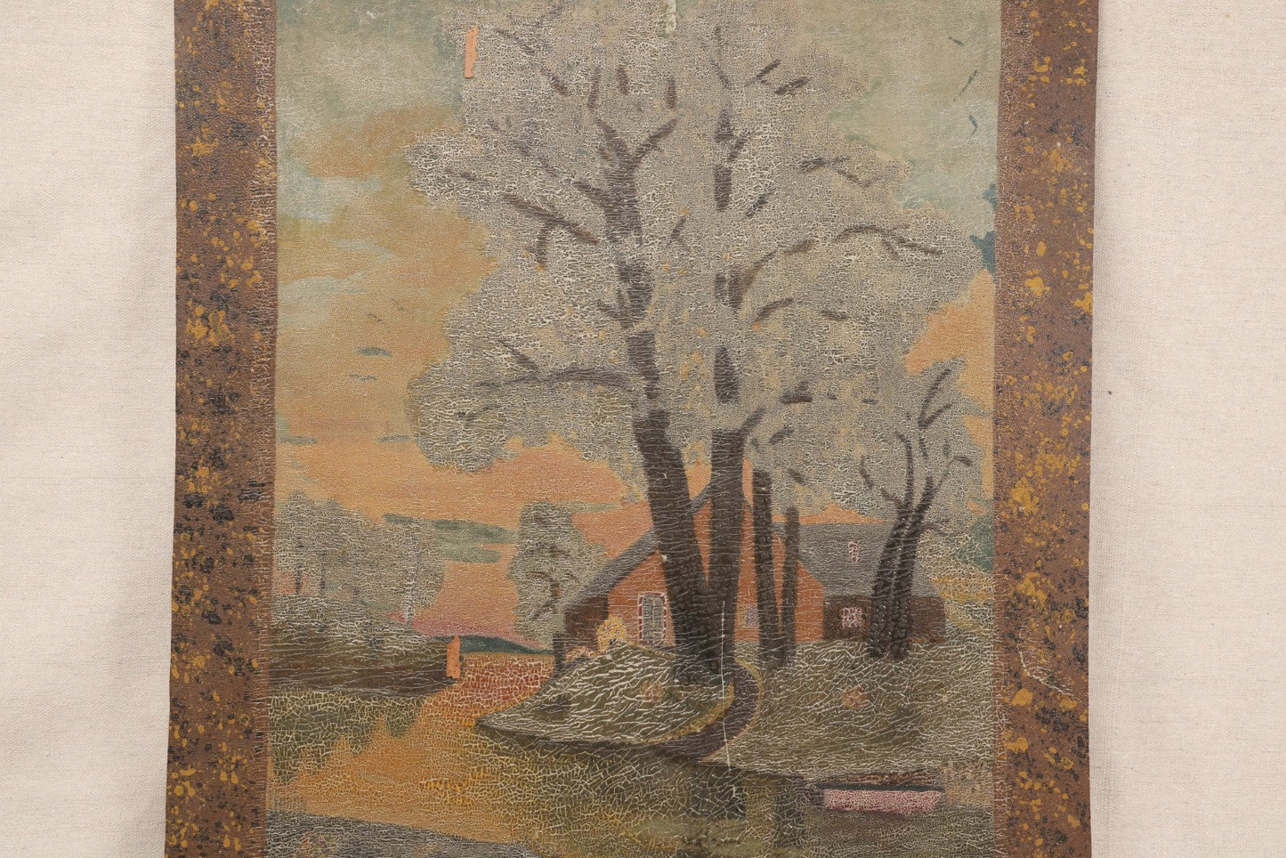 Lot 022 - Antique Oil Painting On Wood Panel, Landscape With Trees And Home At Sunset, Unframed