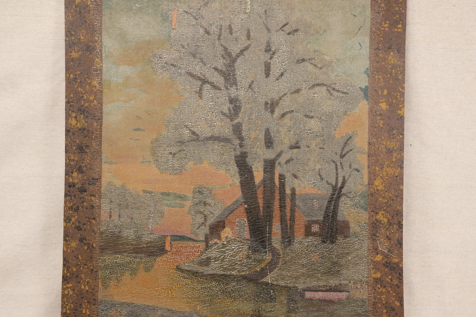 Lot 022 - Antique Oil Painting On Wood Panel, Landscape With Trees And Home At Sunset, Unframed