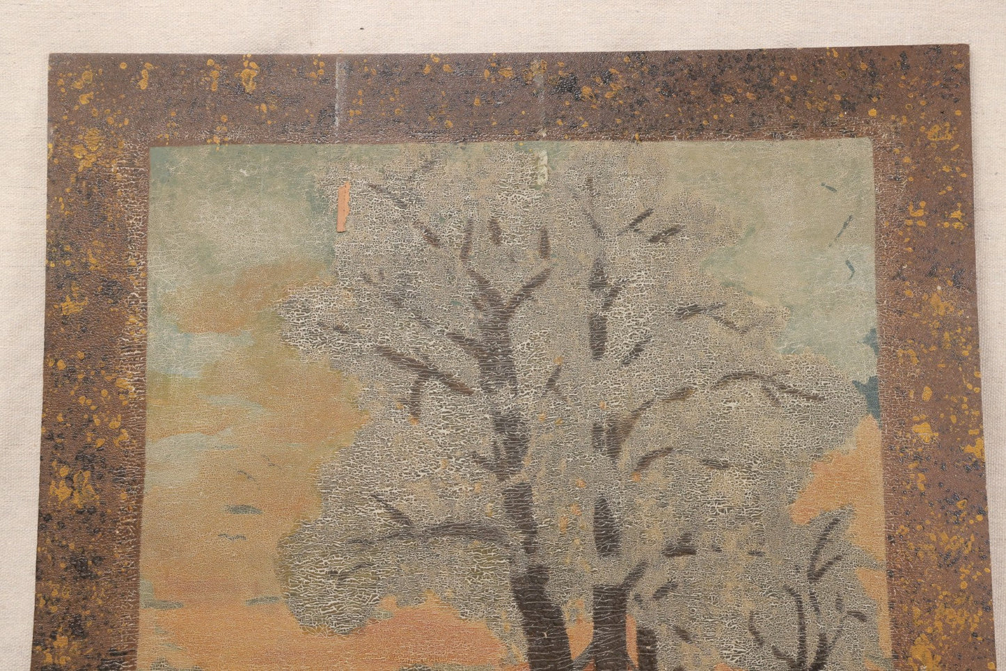 Lot 022 - Antique Oil Painting On Wood Panel, Landscape With Trees And Home At Sunset, Unframed