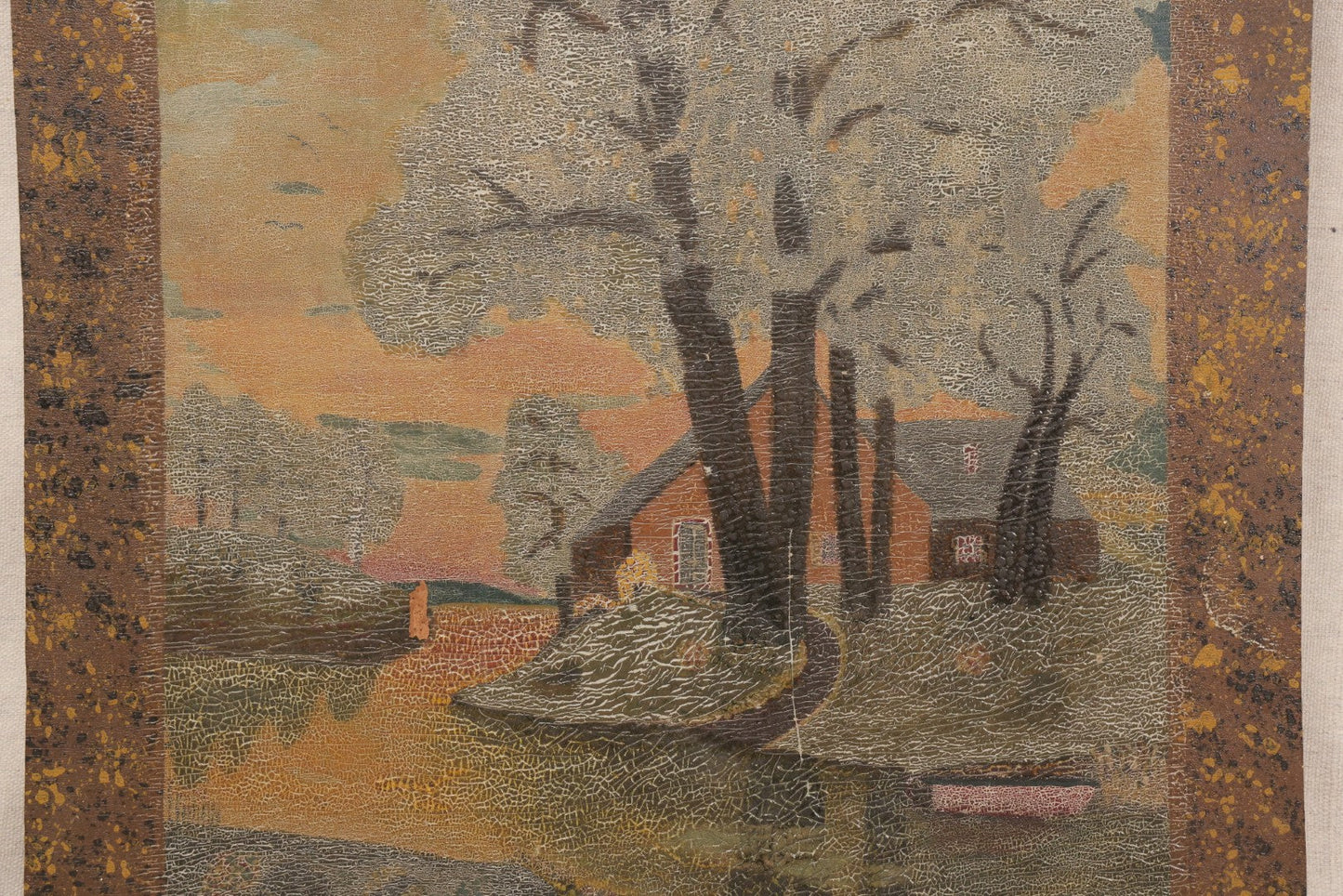 Lot 022 - Antique Oil Painting On Wood Panel, Landscape With Trees And Home At Sunset, Unframed