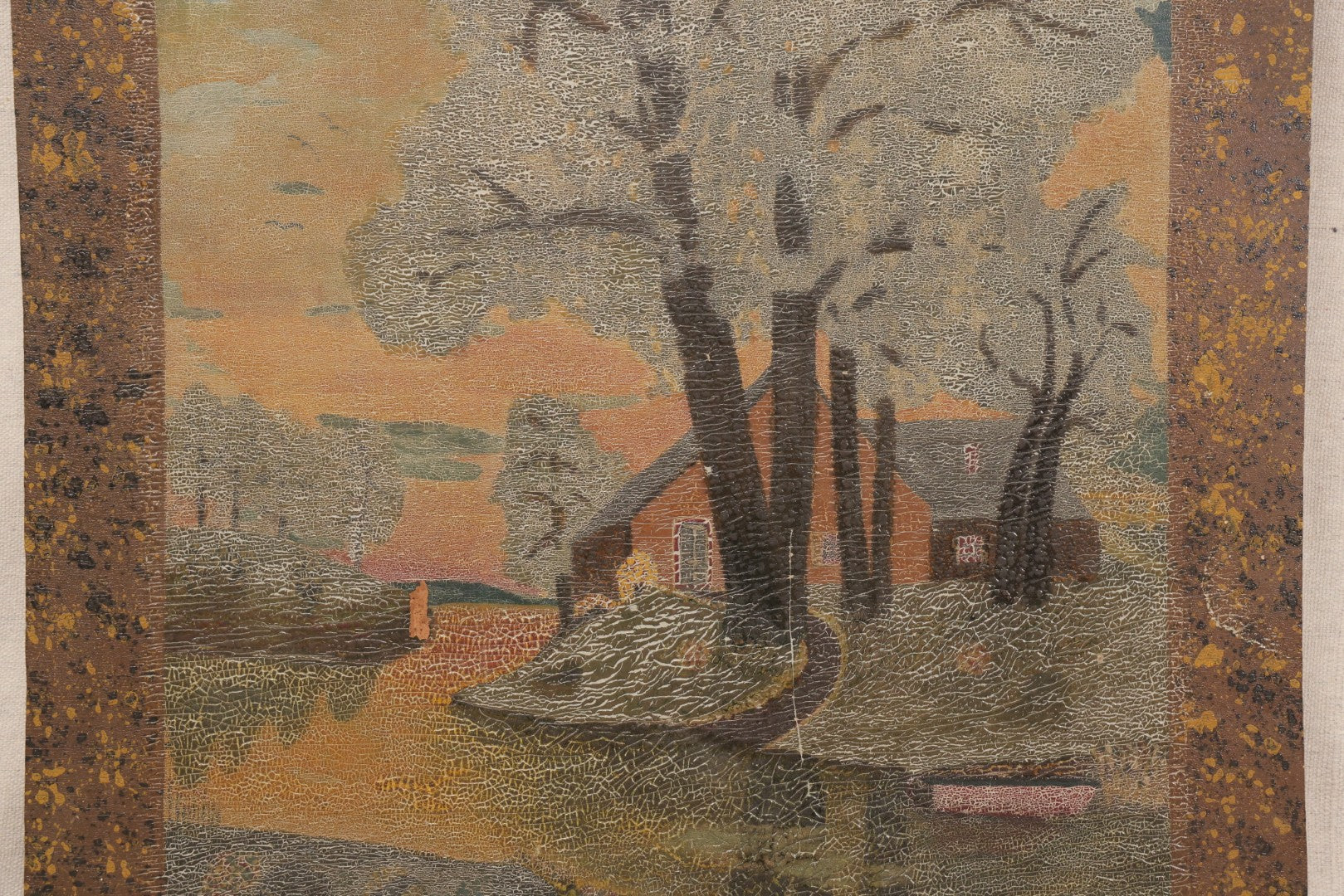 Lot 022 - Antique Oil Painting On Wood Panel, Landscape With Trees And Home At Sunset, Unframed