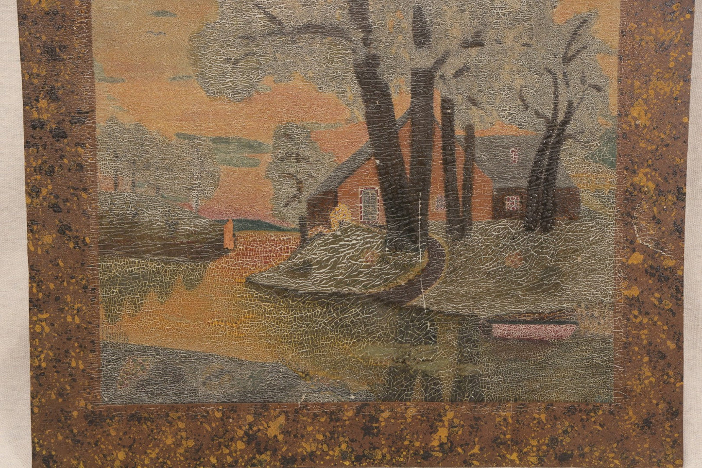 Lot 022 - Antique Oil Painting On Wood Panel, Landscape With Trees And Home At Sunset, Unframed