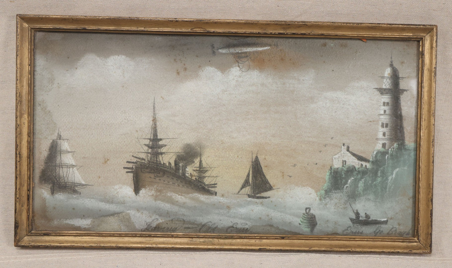 Lot 023 - Antique Pastel Painting On Paper, Maritime Scene "Leaving Old Erin" With Ships, Lighthouse, And Zeppelin, Inscribed "Erin Go Bragh" ("Ireland Forever"), Framed