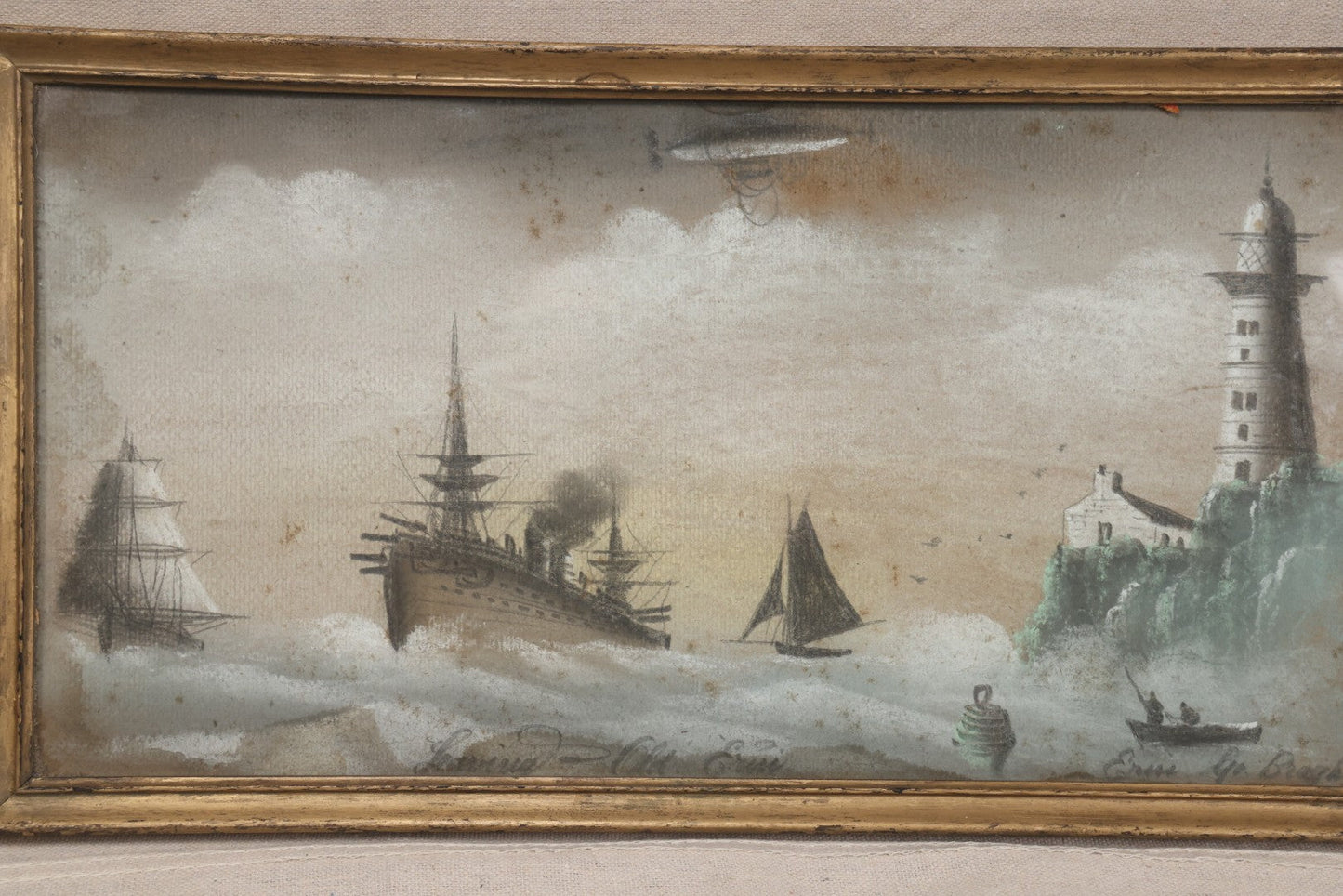 Lot 023 - Antique Pastel Painting On Paper, Maritime Scene "Leaving Old Erin" With Ships, Lighthouse, And Zeppelin, Inscribed "Erin Go Bragh" ("Ireland Forever"), Framed