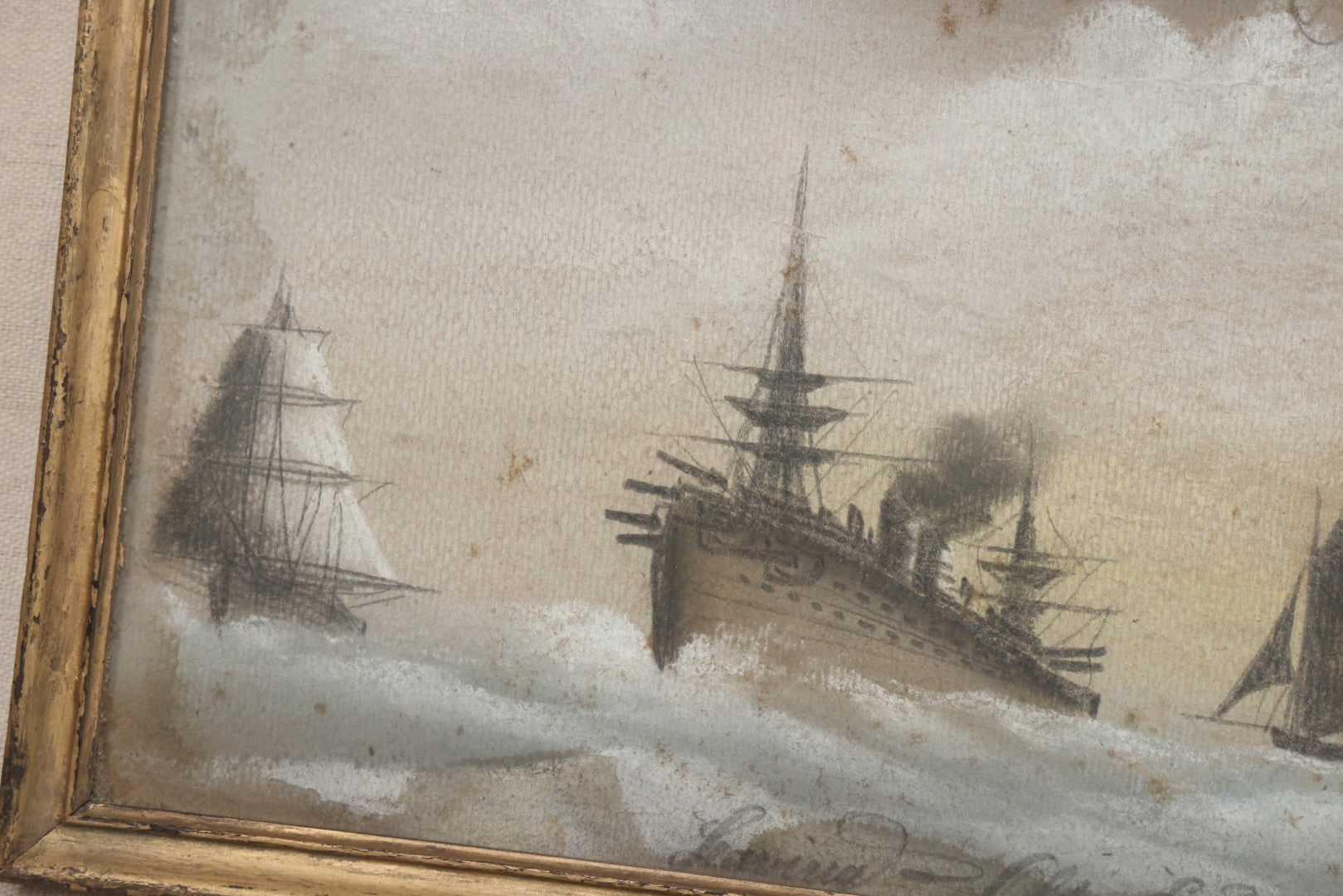 Lot 023 - Antique Pastel Painting On Paper, Maritime Scene "Leaving Old Erin" With Ships, Lighthouse, And Zeppelin, Inscribed "Erin Go Bragh" ("Ireland Forever"), Framed
