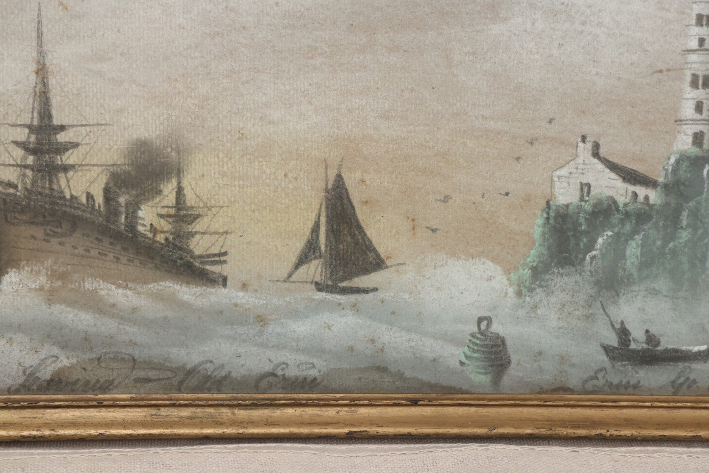 Lot 023 - Antique Pastel Painting On Paper, Maritime Scene "Leaving Old Erin" With Ships, Lighthouse, And Zeppelin, Inscribed "Erin Go Bragh" ("Ireland Forever"), Framed