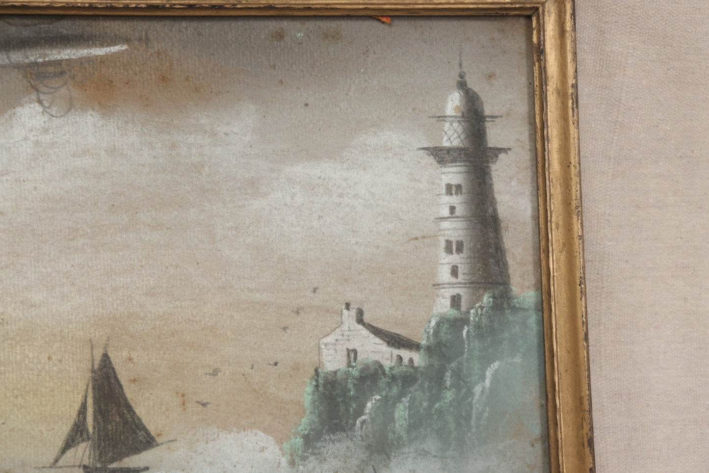 Lot 023 - Antique Pastel Painting On Paper, Maritime Scene "Leaving Old Erin" With Ships, Lighthouse, And Zeppelin, Inscribed "Erin Go Bragh" ("Ireland Forever"), Framed